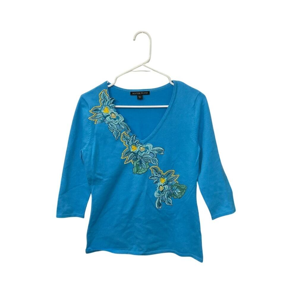 Boston Proper Blue/Yellow Floral Knit V-Neck Top Size Small 3/4 Sleeves Stretch